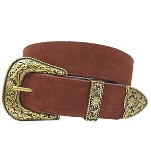 Genuine Suede Belt with Gold Western Buckle set